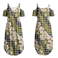 Ele'ele Hawai'i Palaka Plumeria Couples Matching Summer Maxi Dress and Long Sleeve Button Shirt Puakenikeni and Maile Lei LT9 - Polynesian Pride