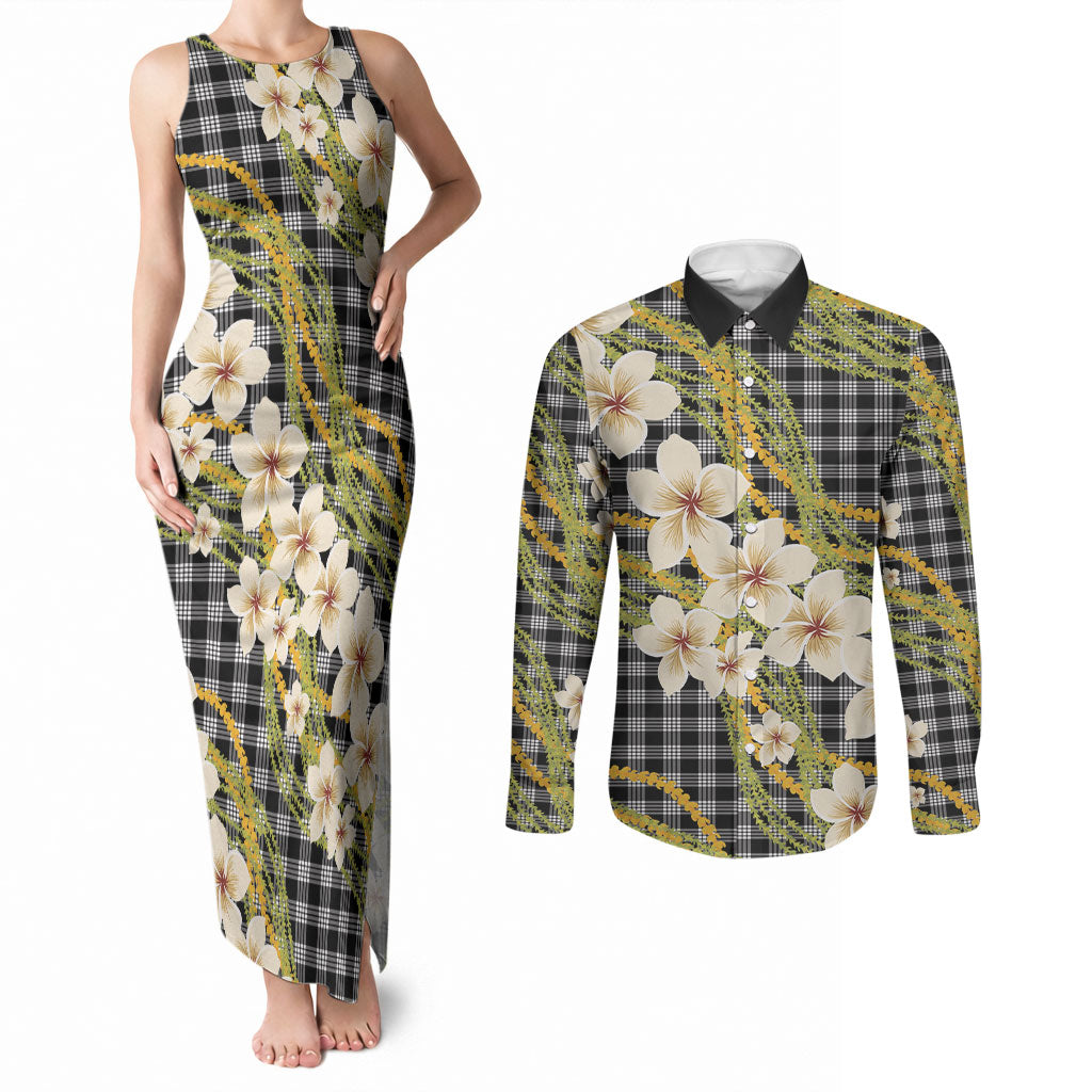 Ele'ele Hawai'i Palaka Plumeria Couples Matching Tank Maxi Dress and Long Sleeve Button Shirt Puakenikeni and Maile Lei LT9 Black - Polynesian Pride
