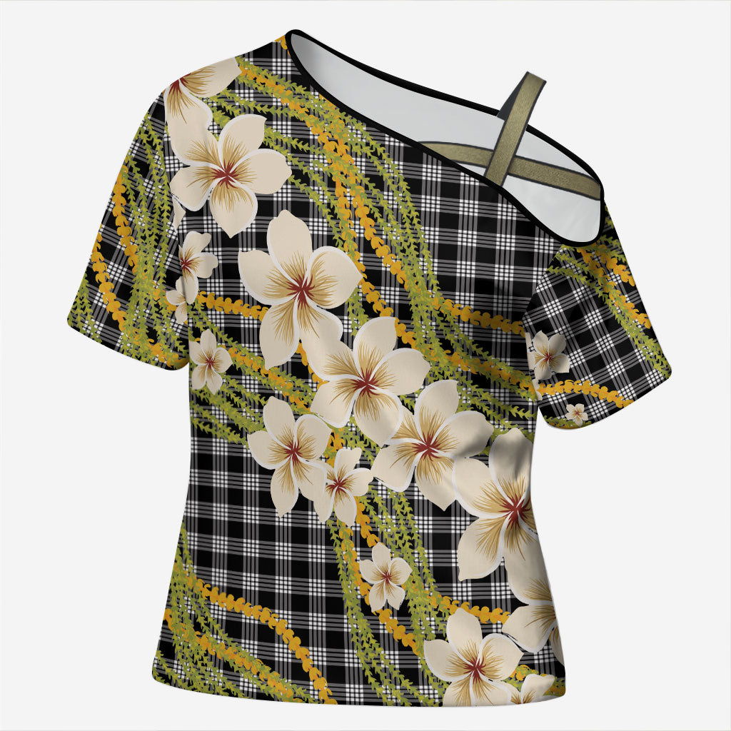 Ele'ele Hawai'i Palaka Plumeria Cross Shoulder Shirt Puakenikeni and Maile Lei LT9 Female Black - Polynesian Pride