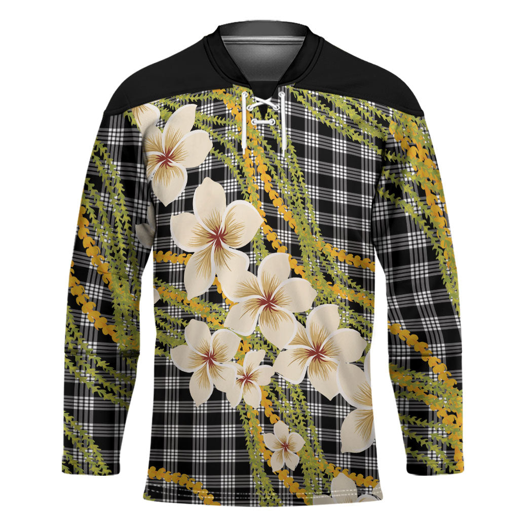 Ele'ele Hawai'i Palaka Plumeria Hockey Jersey Puakenikeni and Maile Lei LT9 Unisex Black - Polynesian Pride