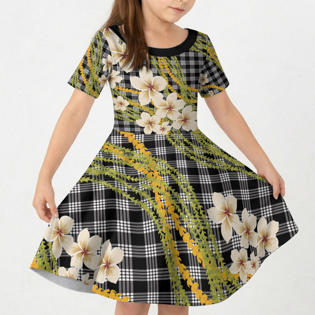 Ele'ele Hawai'i Palaka Plumeria Kid Short Sleeve Dress Puakenikeni and Maile Lei LT9 KID Black - Polynesian Pride