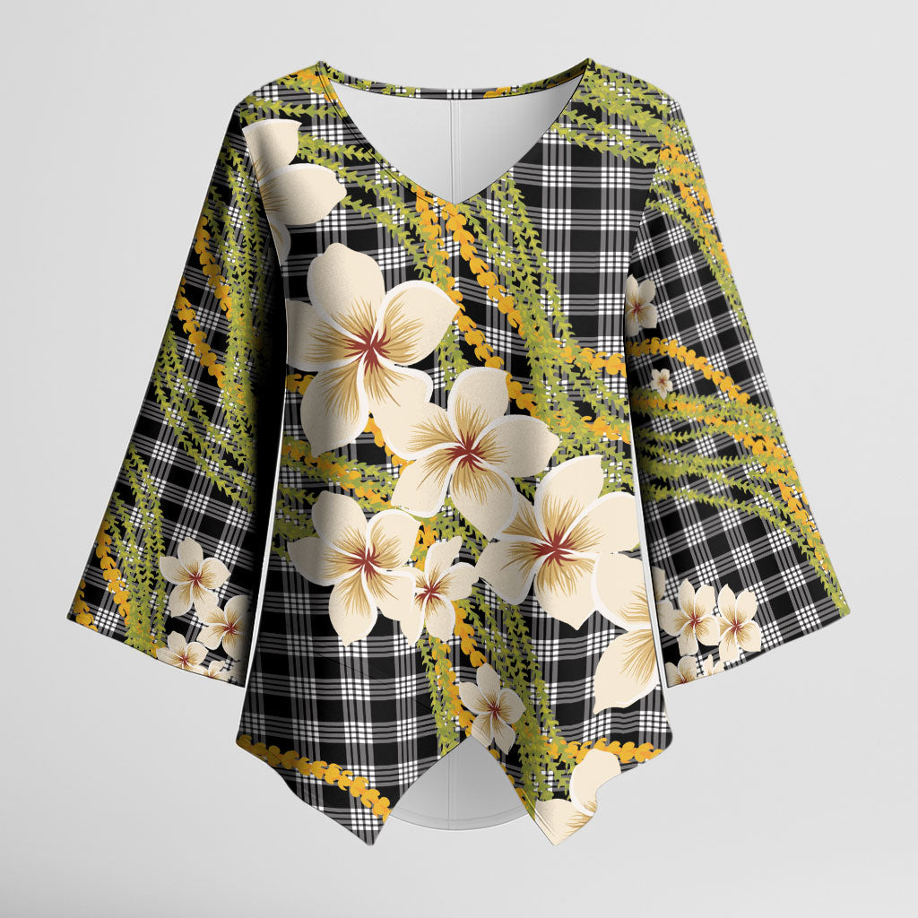 Ele'ele Hawai'i Palaka Plumeria Kimono Sleeve Blouse Puakenikeni and Maile Lei LT9 Female Black - Polynesian Pride