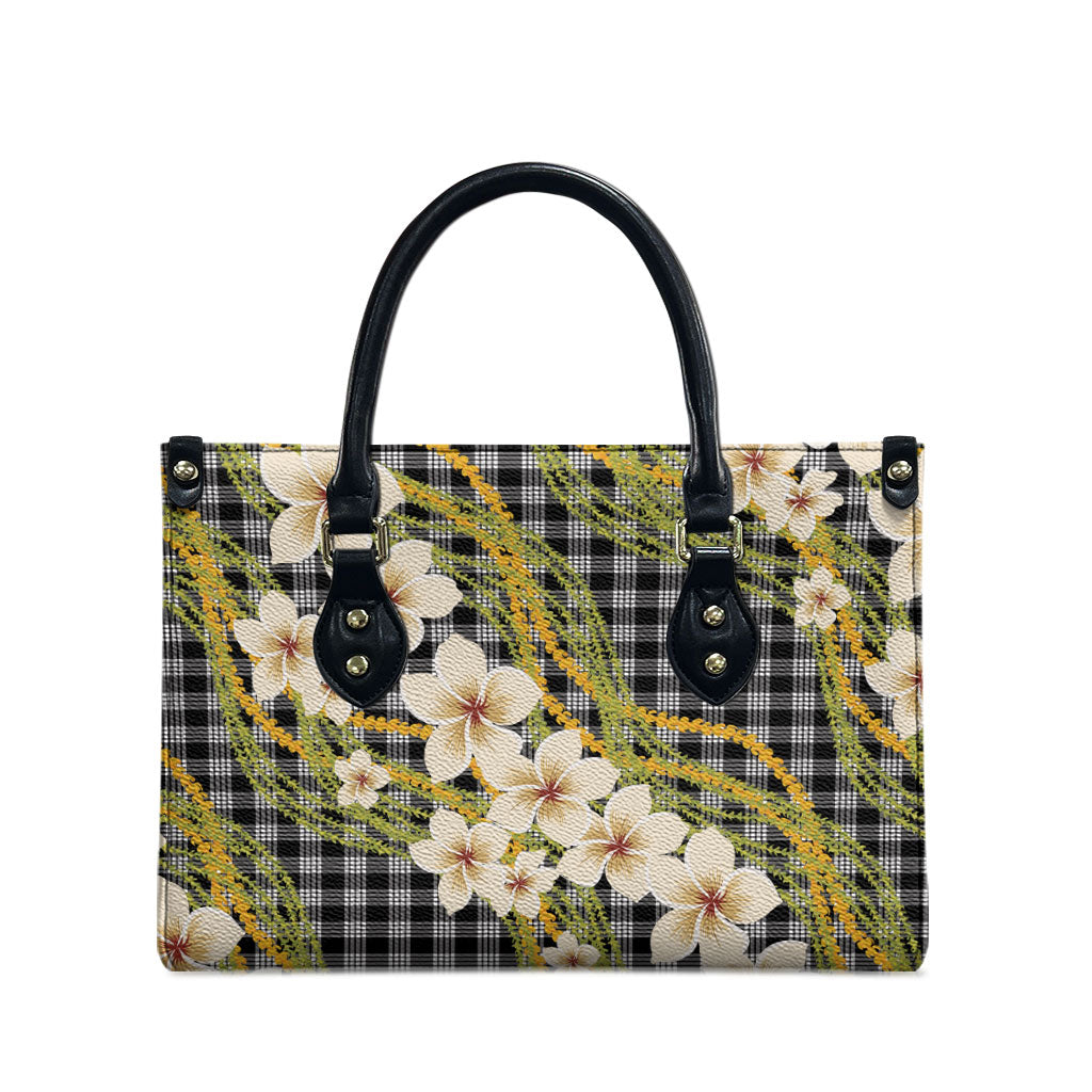Ele'ele Hawai'i Palaka Plumeria Leather Bag Puakenikeni and Maile Lei LT9 - Polynesian Pride