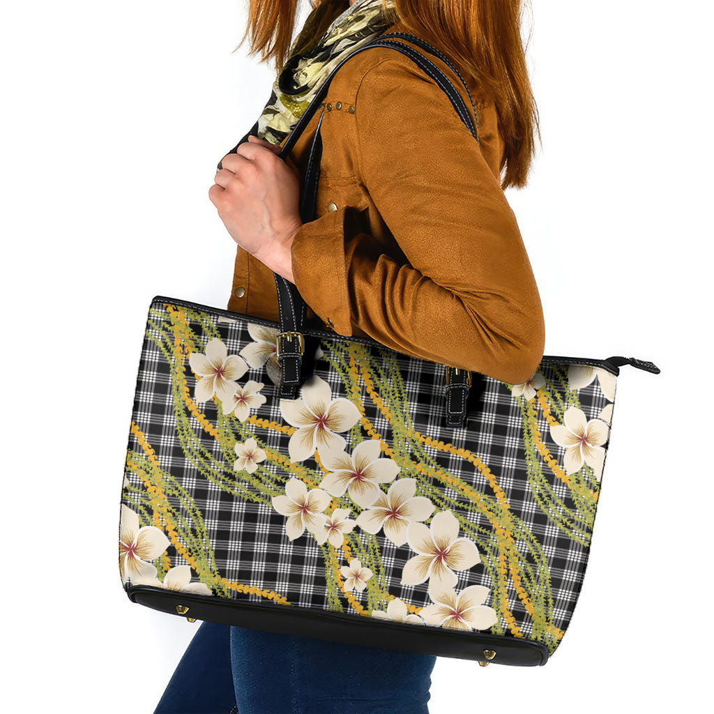 Ele'ele Hawai'i Palaka Plumeria Leather Tote Bag Puakenikeni and Maile Lei LT9 Black - Polynesian Pride