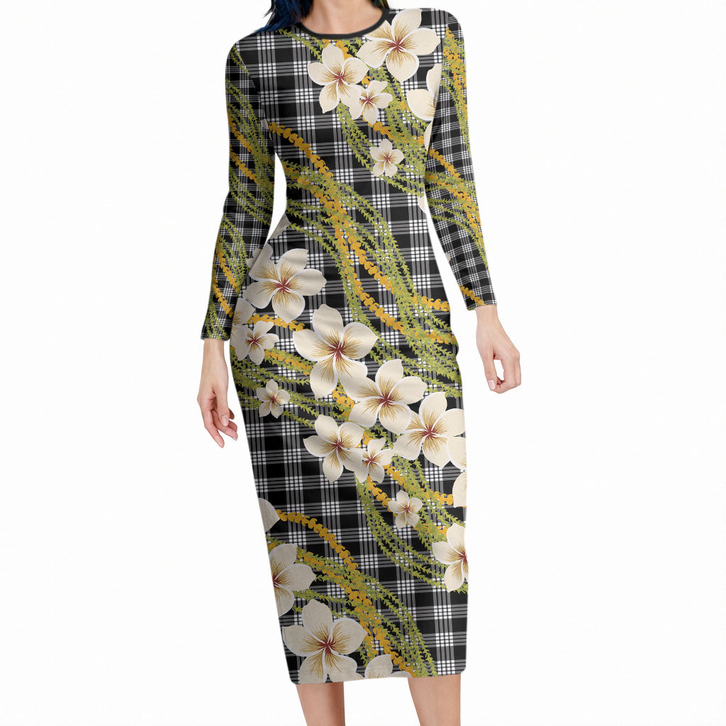Ele'ele Hawai'i Palaka Plumeria Long Sleeve Bodycon Dress Puakenikeni and Maile Lei LT9 Long Dress Black - Polynesian Pride