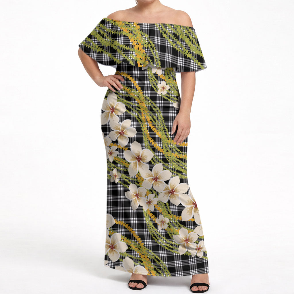 Ele'ele Hawai'i Palaka Plumeria Off Shoulder Maxi Dress Puakenikeni and Maile Lei LT9 Women Black - Polynesian Pride