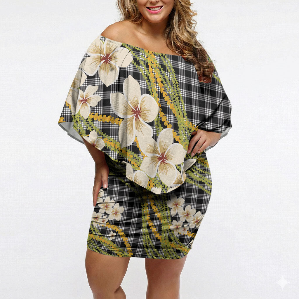 Ele'ele Hawai'i Palaka Plumeria Off Shoulder Short Dress Puakenikeni and Maile Lei LT9 Women Black - Polynesian Pride