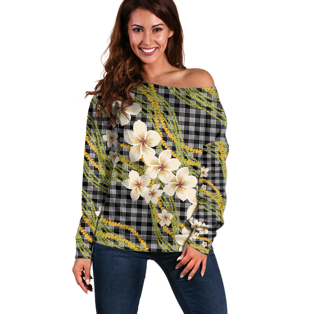 Ele'ele Hawai'i Palaka Plumeria Off Shoulder Sweater Puakenikeni and Maile Lei LT9 Women Black - Polynesian Pride
