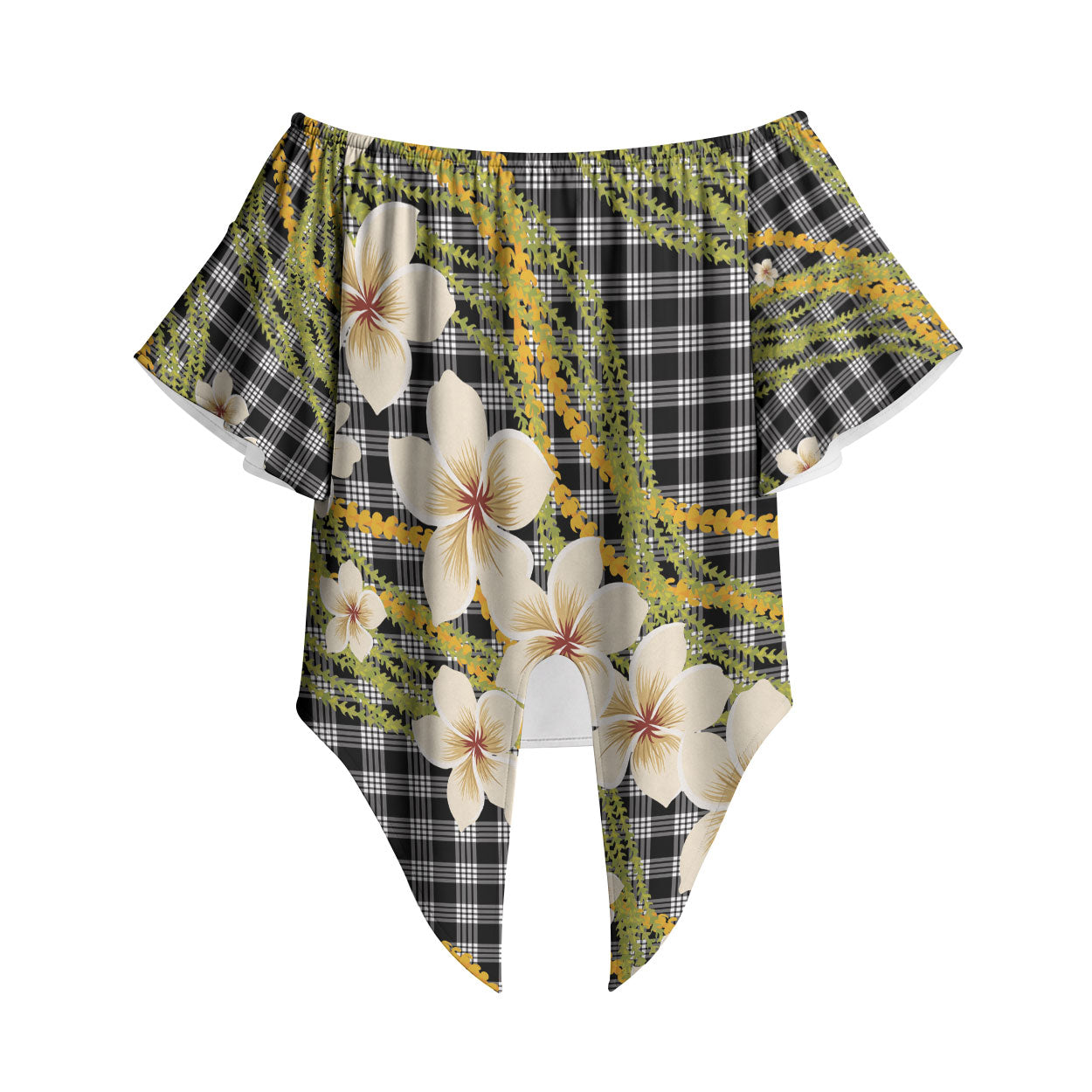 Ele'ele Hawai'i Palaka Plumeria Off Shoulder Wrap Waist Top Puakenikeni and Maile Lei LT9 Black - Polynesian Pride