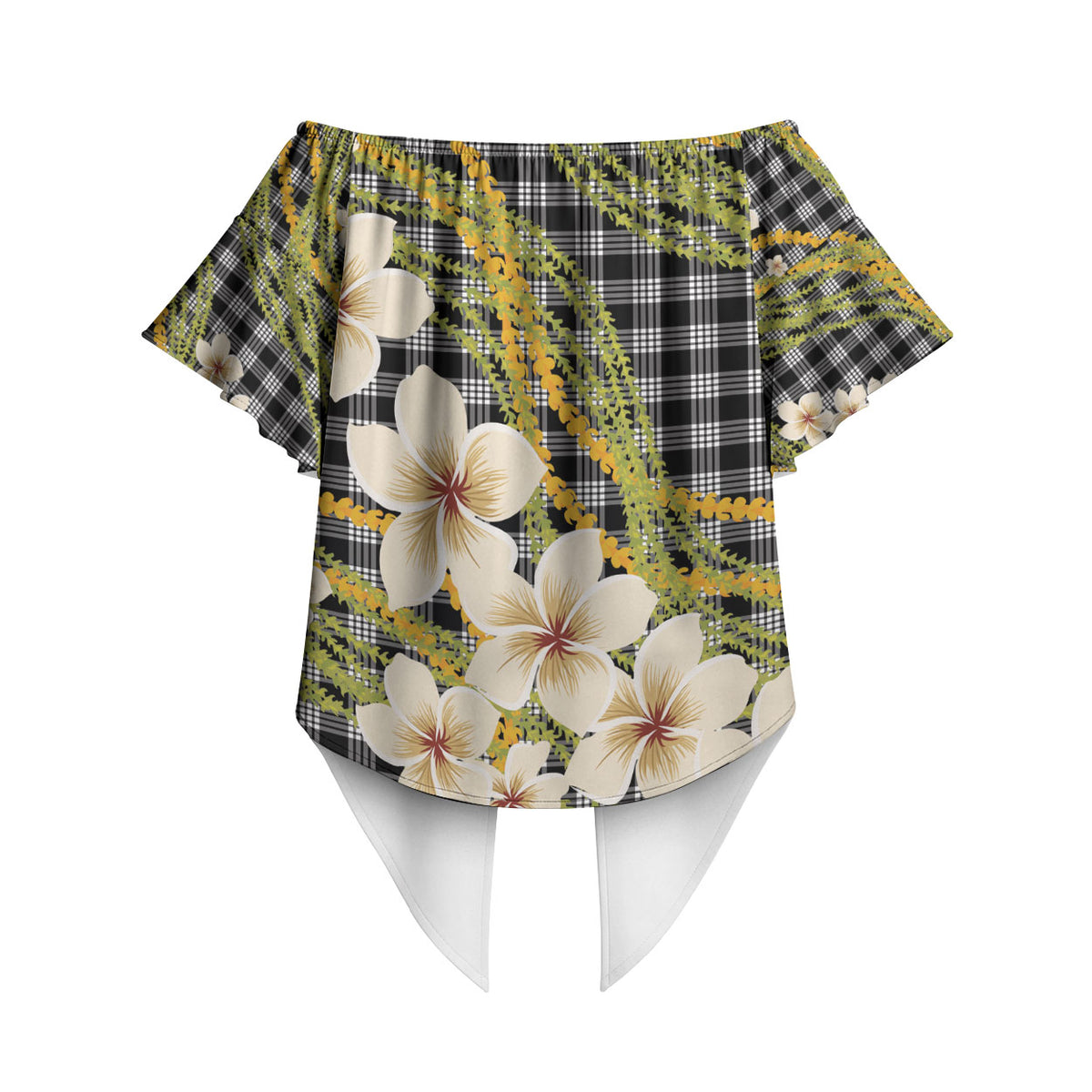 Ele'ele Hawai'i Palaka Plumeria Off Shoulder Wrap Waist Top Puakenikeni and Maile Lei LT9 - Polynesian Pride