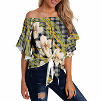 Ele'ele Hawai'i Palaka Plumeria Off Shoulder Wrap Waist Top Puakenikeni and Maile Lei LT9 - Polynesian Pride