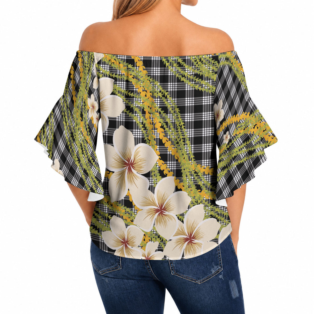 Ele'ele Hawai'i Palaka Plumeria Off Shoulder Wrap Waist Top Puakenikeni and Maile Lei LT9 - Polynesian Pride