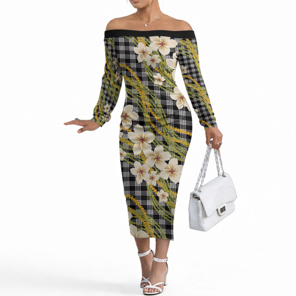 Ele'ele Hawai'i Palaka Plumeria Off The Shoulder Long Sleeve Dress Puakenikeni and Maile Lei LT9 Women Black - Polynesian Pride