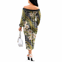 Ele'ele Hawai'i Palaka Plumeria Off The Shoulder Long Sleeve Dress Puakenikeni and Maile Lei LT9 - Polynesian Pride