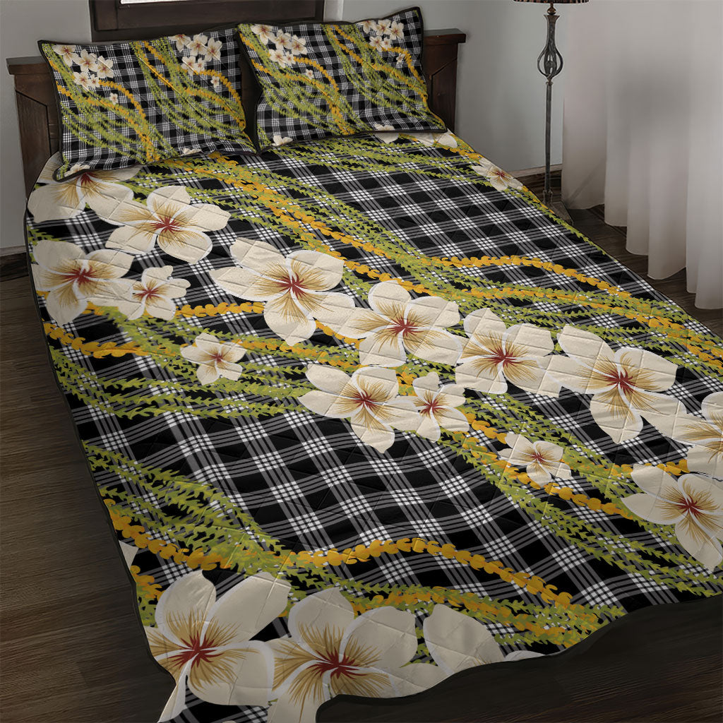 Ele'ele Hawai'i Palaka Plumeria Quilt Bed Set Puakenikeni and Maile Lei LT9 Black - Polynesian Pride