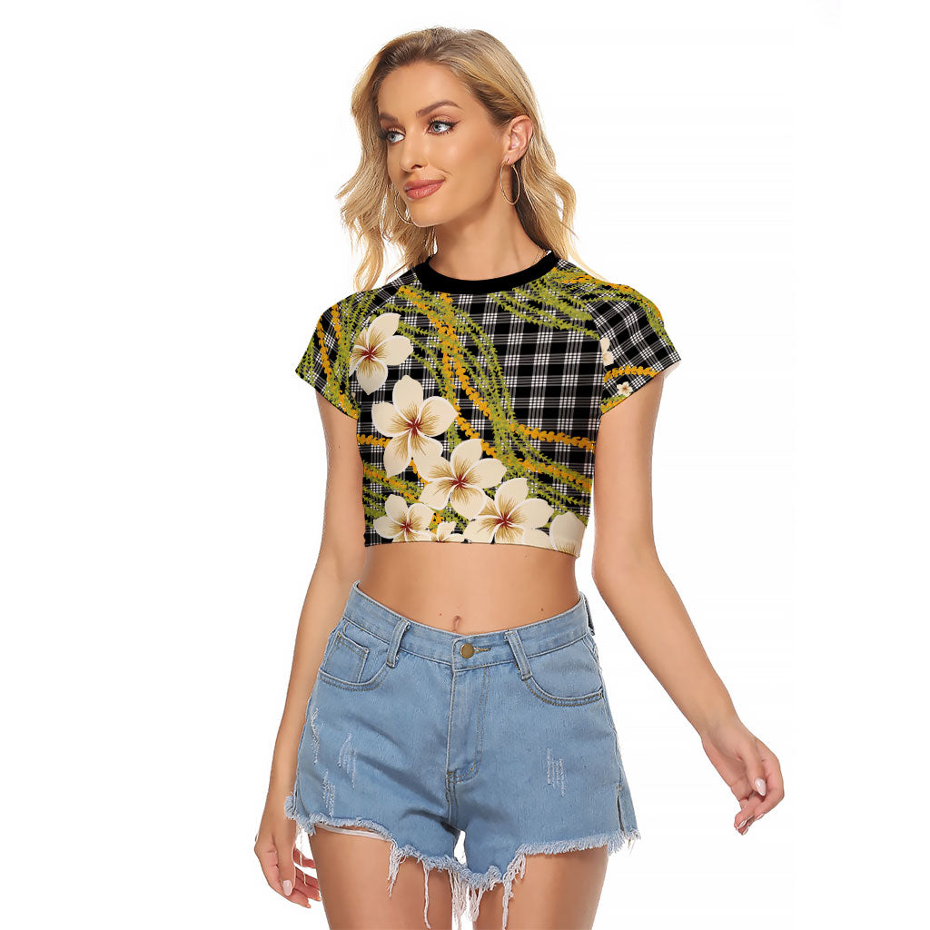 Ele'ele Hawai'i Palaka Plumeria Raglan Cropped T Shirt Puakenikeni and Maile Lei LT9 Female Black - Polynesian Pride