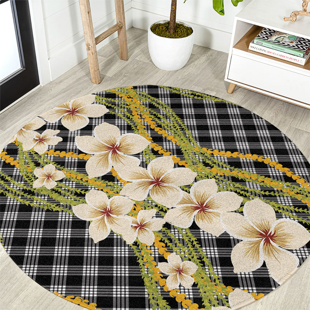 Ele'ele Hawai'i Palaka Plumeria Round Carpet Puakenikeni and Maile Lei LT9 Black - Polynesian Pride