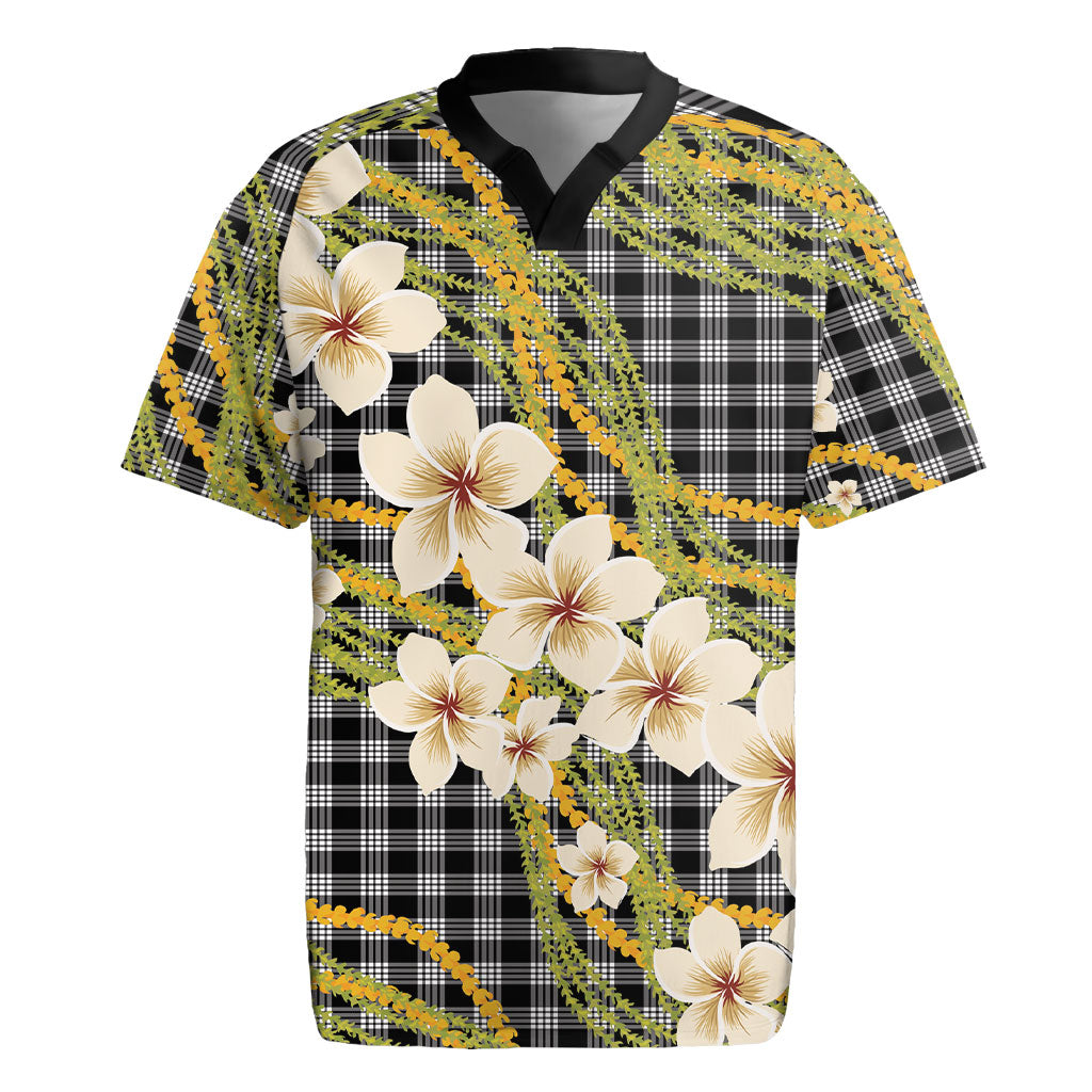 Ele'ele Hawai'i Palaka Plumeria Rugby Jersey Puakenikeni and Maile Lei LT9 Black - Polynesian Pride