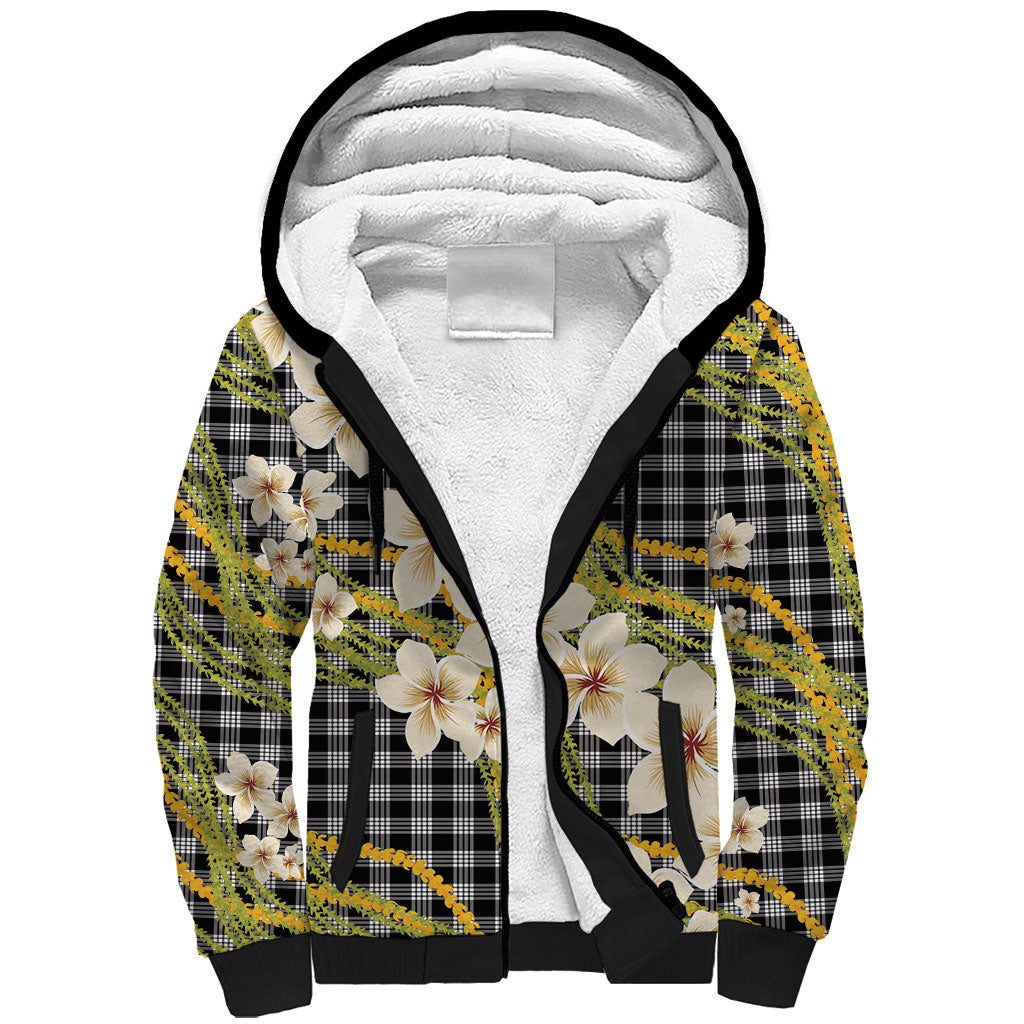 Ele'ele Hawai'i Palaka Plumeria Sherpa Hoodie Puakenikeni and Maile Lei LT9 Unisex Black - Polynesian Pride