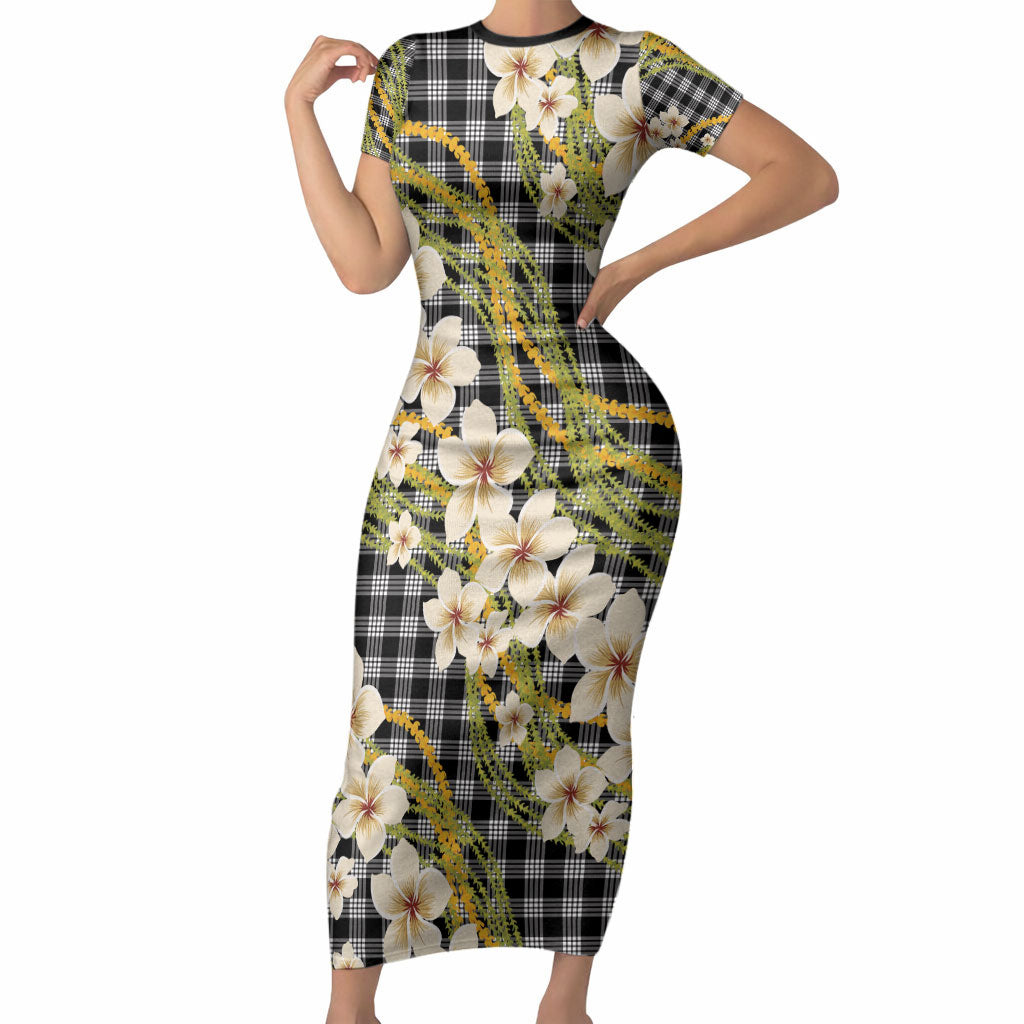 Ele'ele Hawai'i Palaka Plumeria Short Sleeve Bodycon Dress Puakenikeni and Maile Lei LT9 Long Dress Black - Polynesian Pride