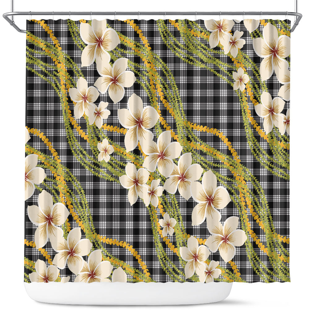 Ele'ele Hawai'i Palaka Plumeria Shower Curtain Puakenikeni and Maile Lei LT9 Black - Polynesian Pride