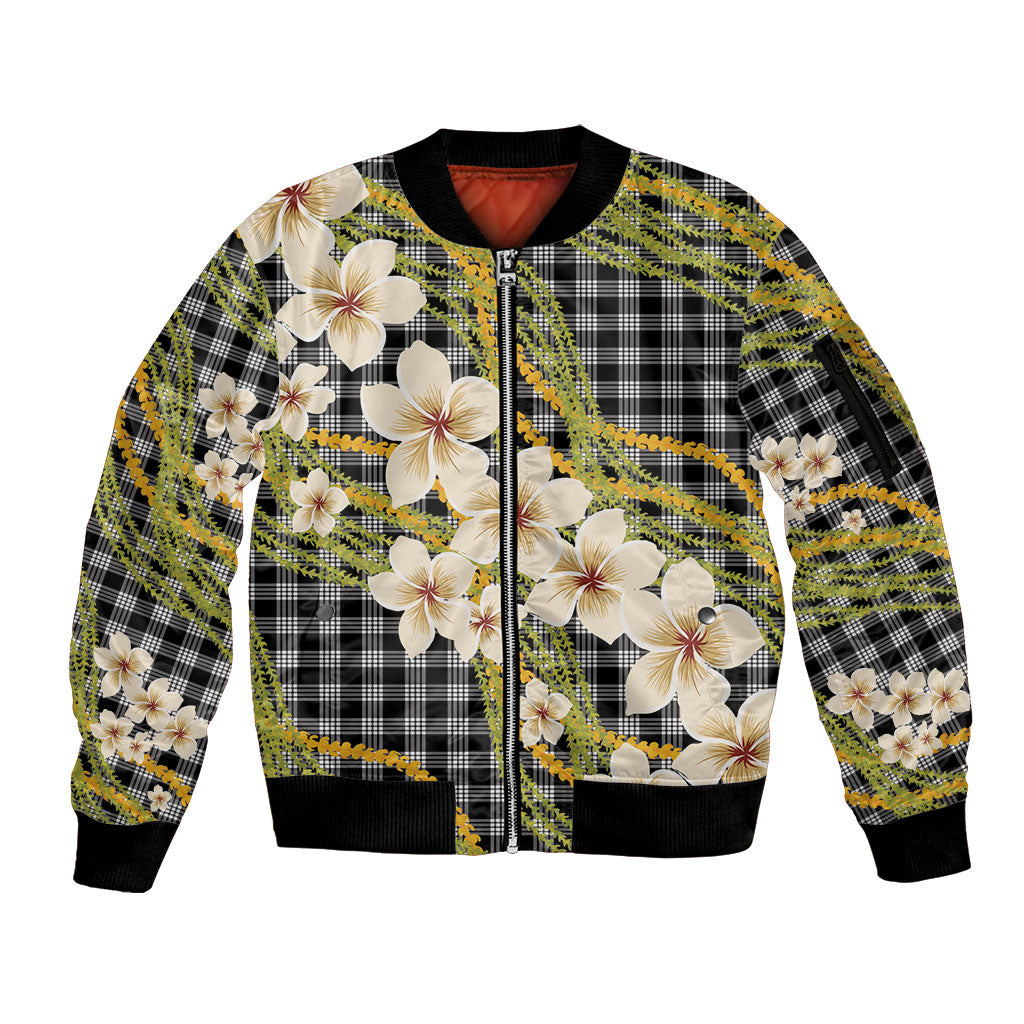 Ele'ele Hawai'i Palaka Plumeria Sleeve Zip Bomber Jacket Puakenikeni and Maile Lei LT9 Unisex Black - Polynesian Pride