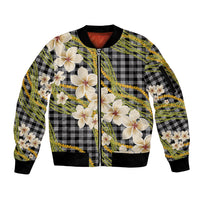 Ele'ele Hawai'i Palaka Plumeria Sleeve Zip Bomber Jacket Puakenikeni and Maile Lei LT9 Unisex Black - Polynesian Pride