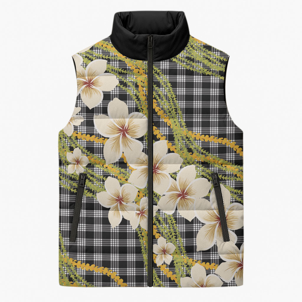 Ele'ele Hawai'i Palaka Plumeria Sleeveless Puffer Jacket Puakenikeni and Maile Lei LT9 Unisex Black - Polynesian Pride