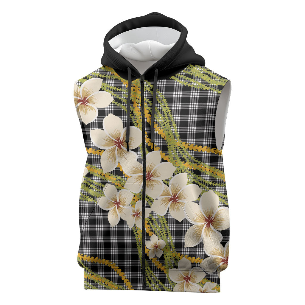 Ele'ele Hawai'i Palaka Plumeria Sleeveless Zip Hoodie Puakenikeni and Maile Lei LT9 Black - Polynesian Pride