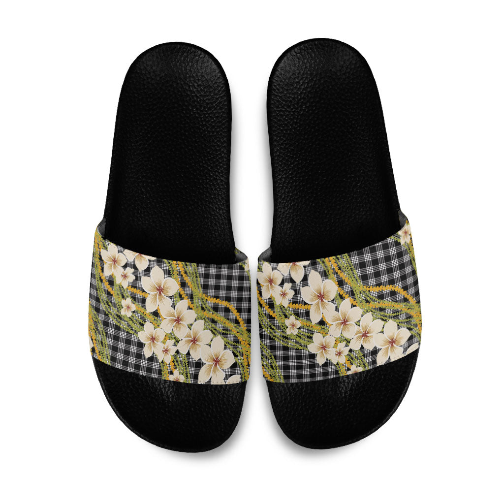 Ele'ele Hawai'i Palaka Plumeria Slide Sandals Puakenikeni and Maile Lei LT9 Black - Polynesian Pride