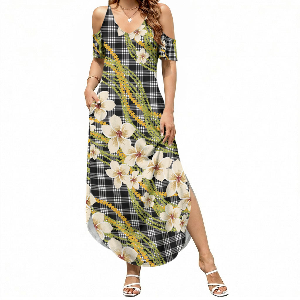 Ele'ele Hawai'i Palaka Plumeria Summer Maxi Dress Puakenikeni and Maile Lei LT9 Women Black - Polynesian Pride