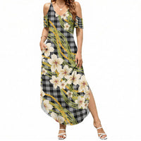 Ele'ele Hawai'i Palaka Plumeria Summer Maxi Dress Puakenikeni and Maile Lei LT9 Women Black - Polynesian Pride