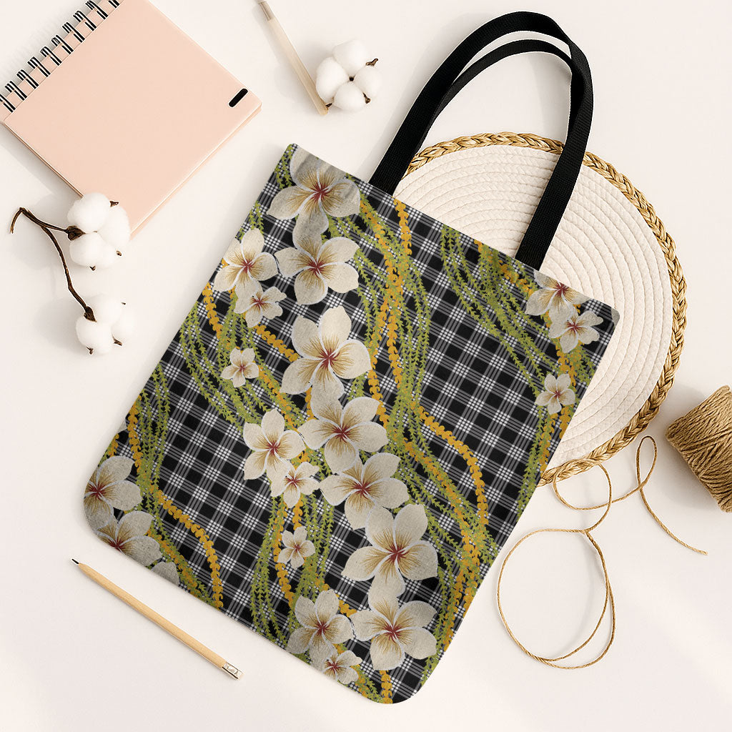 Ele'ele Hawai'i Palaka Plumeria Tote Bag Puakenikeni and Maile Lei LT9 Black Strap One Size Black - Polynesian Pride