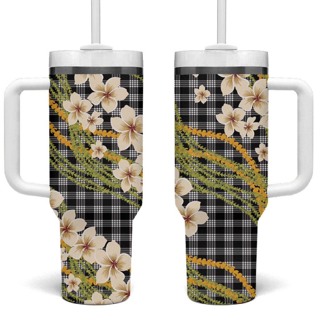 Ele'ele Hawai'i Palaka Plumeria Tumbler With Handle Puakenikeni and Maile Lei LT9 One Size: 40 oz Black - Polynesian Pride