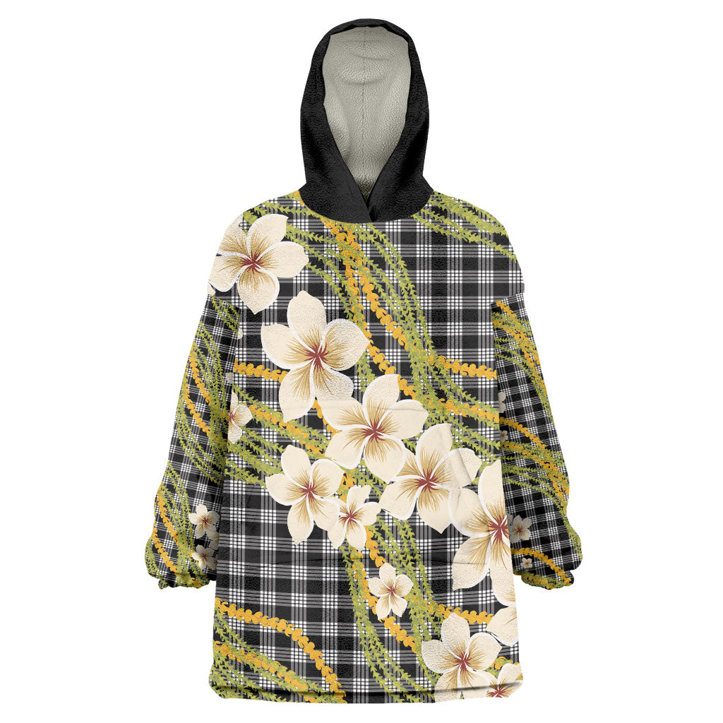 Ele'ele Hawai'i Palaka Plumeria Wearable Blanket Hoodie Puakenikeni and Maile Lei LT9 One Size Black - Polynesian Pride