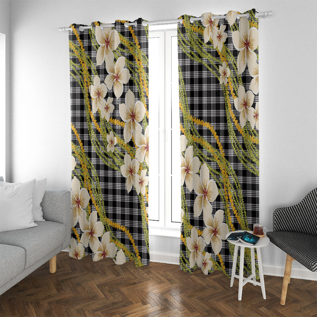 Ele'ele Hawai'i Palaka Plumeria Window Curtain Puakenikeni and Maile Lei LT9 With Grommets Black - Polynesian Pride