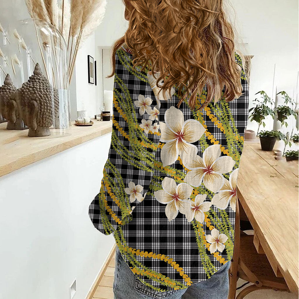 Ele'ele Hawai'i Palaka Plumeria Women Casual Shirt Puakenikeni and Maile Lei LT9 - Polynesian Pride