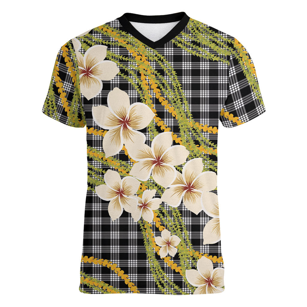 Ele'ele Hawai'i Palaka Plumeria Women V-Neck T-Shirt Puakenikeni and Maile Lei LT9 Female Black - Polynesian Pride