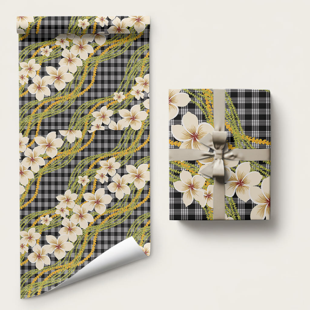 Ele'ele Hawai'i Palaka Plumeria Wrapping Paper Puakenikeni and Maile Lei LT9 58" × 23" Black - Polynesian Pride