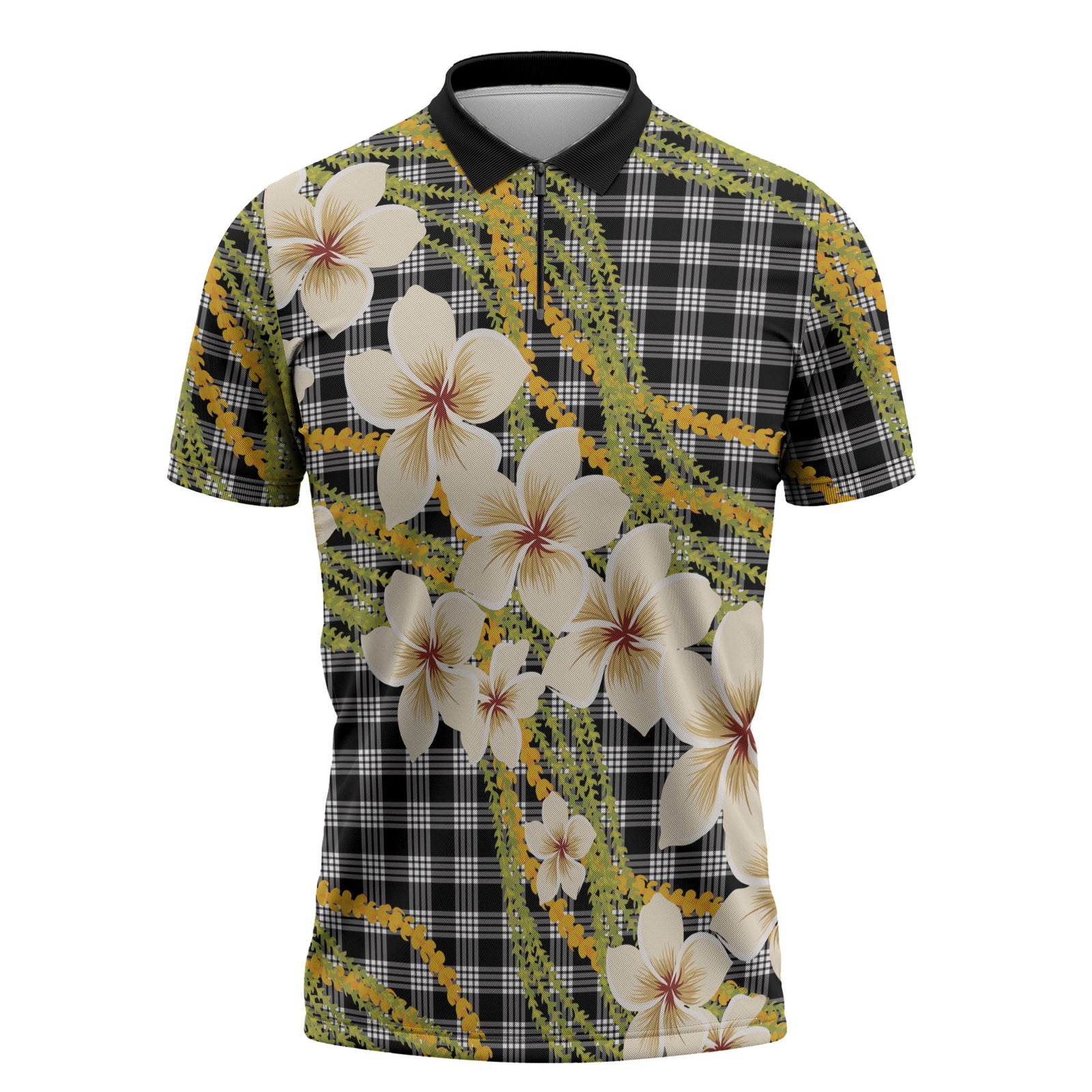 Ele'ele Hawai'i Palaka Plumeria Zipper Polo Shirt Puakenikeni and Maile Lei LT9 Black - Polynesian Pride