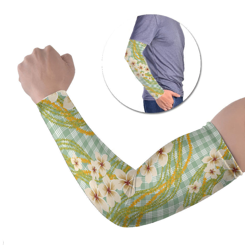 Liko Kukui Hawai'i Palaka Plumeria Arm Sleeves Puakenikeni and Maile Lei LT9 Set of 2 Sage Green - Polynesian Pride
