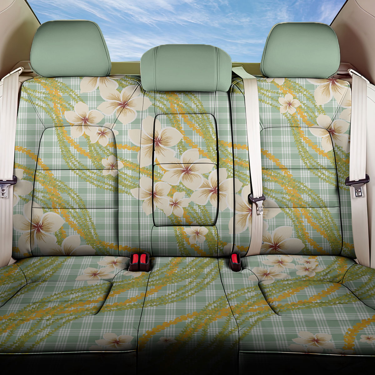 Liko Kukui Hawai'i Palaka Plumeria Back Car Seat Cover Puakenikeni and Maile Lei LT9 One Size Sage Green - Polynesian Pride