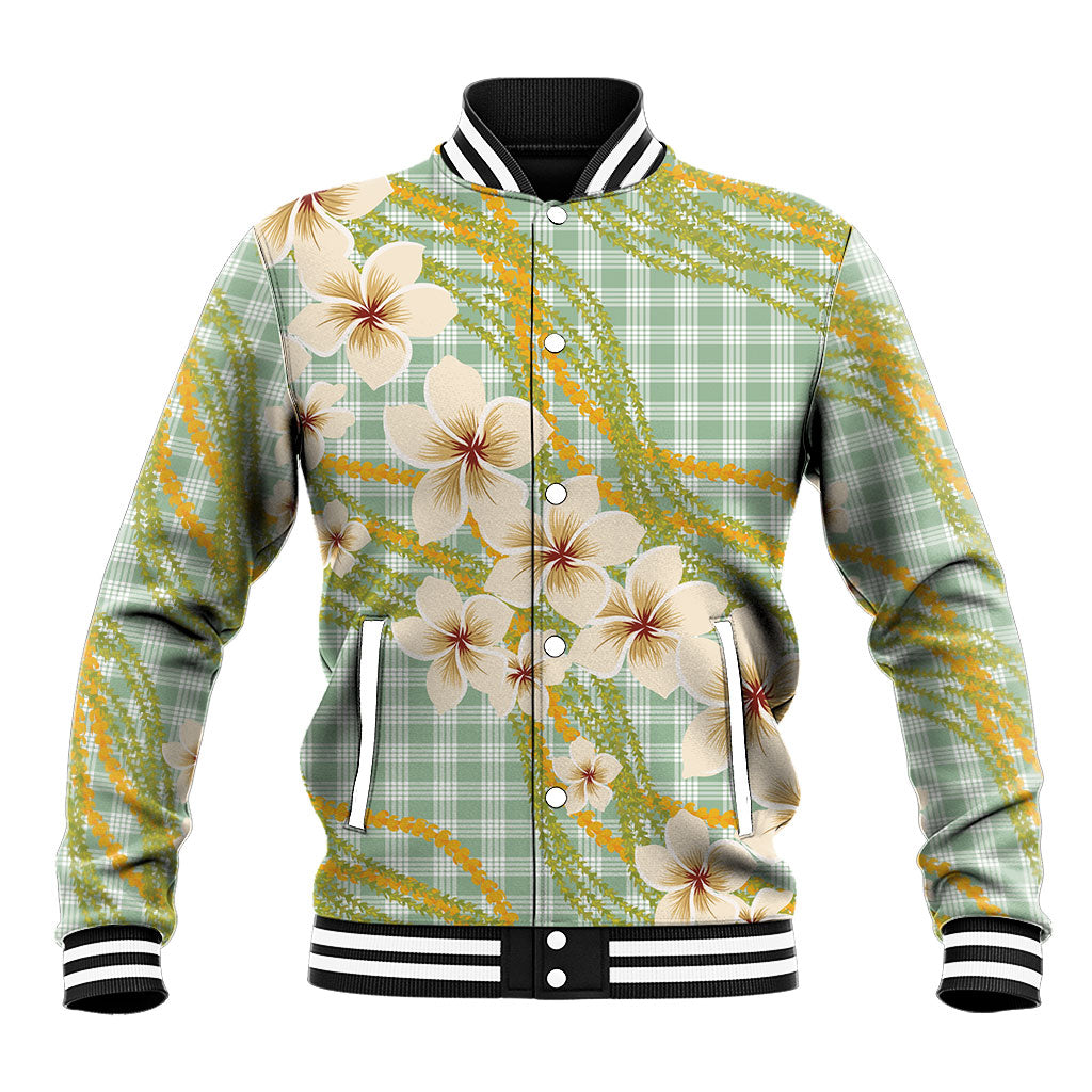 Liko Kukui Hawai'i Palaka Plumeria Baseball Jacket Puakenikeni and Maile Lei LT9 Unisex Sage Green - Polynesian Pride
