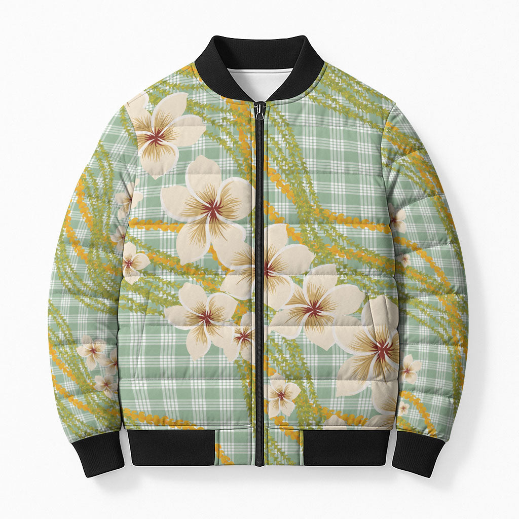 Liko Kukui Hawai'i Palaka Plumeria Bomber Puffer Jacket Puakenikeni and Maile Lei LT9 Unisex Sage Green - Polynesian Pride