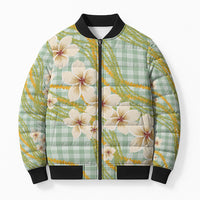 Liko Kukui Hawai'i Palaka Plumeria Bomber Puffer Jacket Puakenikeni and Maile Lei LT9 Unisex Sage Green - Polynesian Pride