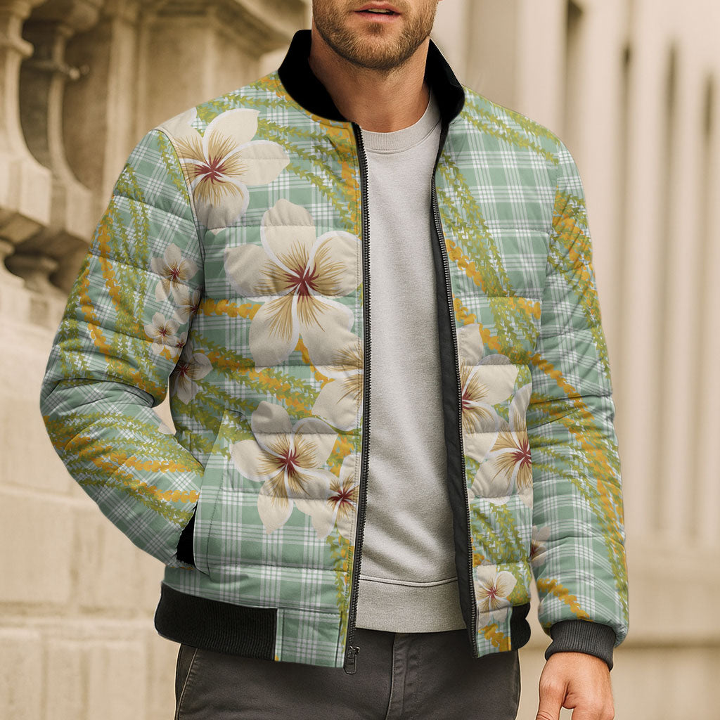 Liko Kukui Hawai'i Palaka Plumeria Bomber Puffer Jacket Puakenikeni and Maile Lei LT9 - Polynesian Pride