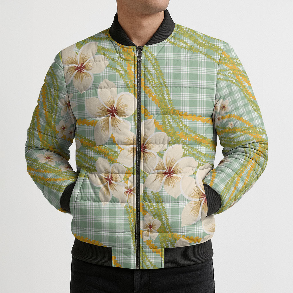 Liko Kukui Hawai'i Palaka Plumeria Bomber Puffer Jacket Puakenikeni and Maile Lei LT9 - Polynesian Pride