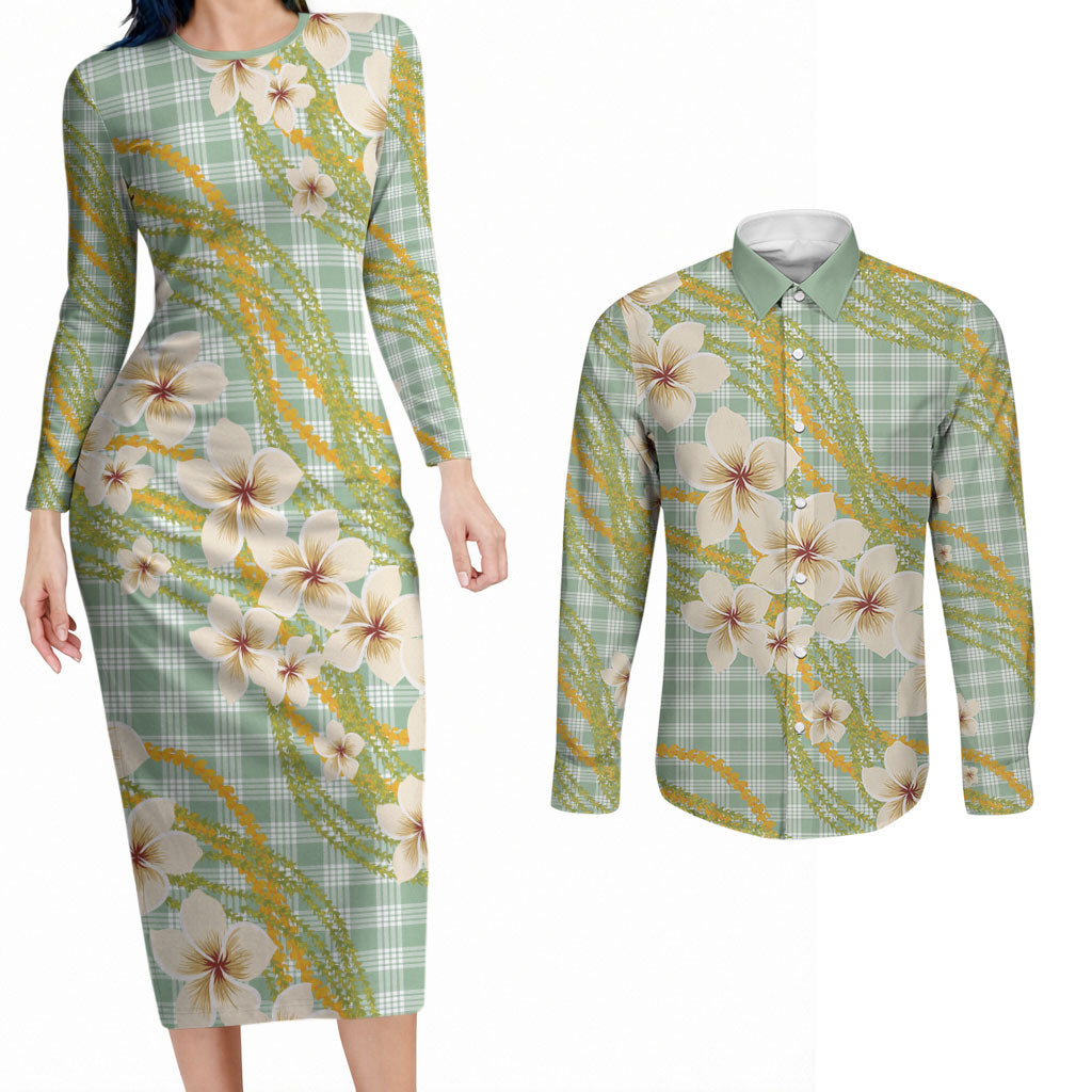 Liko Kukui Hawai'i Palaka Plumeria Couples Matching Long Sleeve Bodycon Dress and Long Sleeve Button Shirt Puakenikeni and Maile Lei LT9 Sage Green - Polynesian Pride