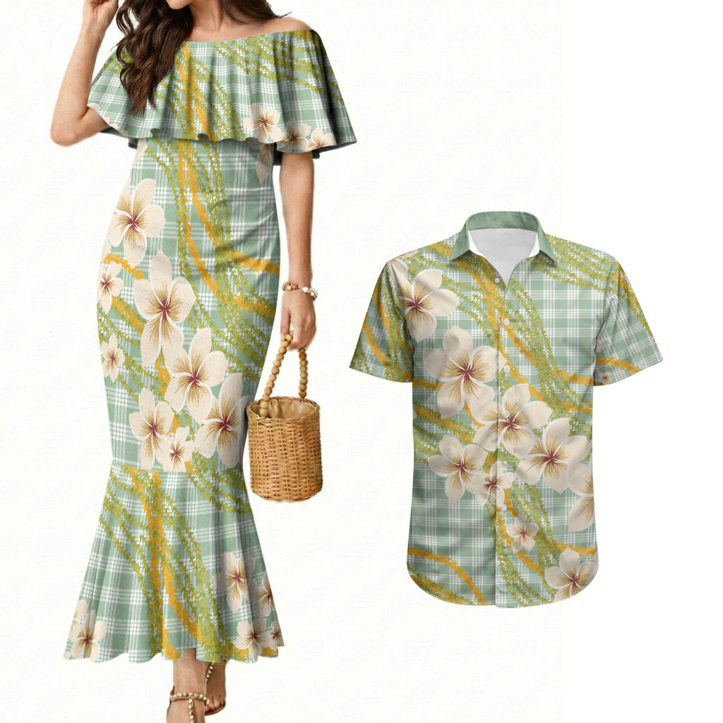 Liko Kukui Hawai'i Palaka Plumeria Couples Matching Mermaid Dress and Hawaiian Shirt Puakenikeni and Maile Lei LT9 Sage Green - Polynesian Pride