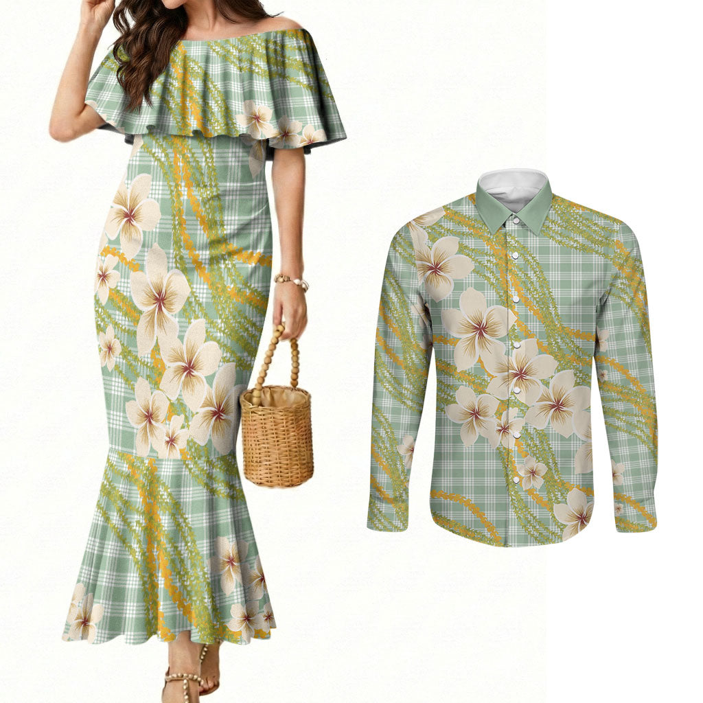 Liko Kukui Hawai'i Palaka Plumeria Couples Matching Mermaid Dress and Long Sleeve Button Shirt Puakenikeni and Maile Lei LT9 Sage Green - Polynesian Pride